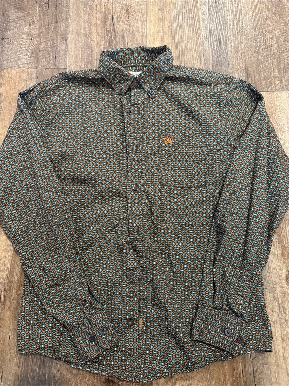 Boys Cinch Patterned Button-Down Shirt in Brown and Teal